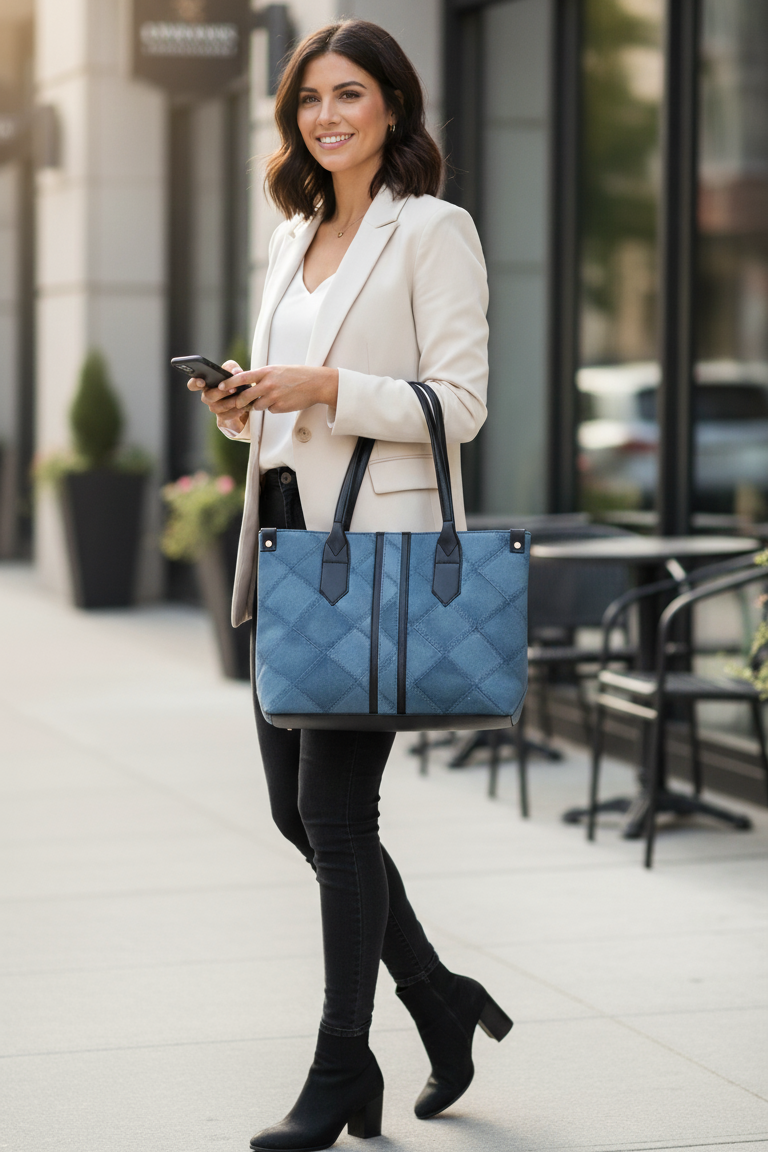 Slate Blue Diamond-Stitch Carryall - Image 2